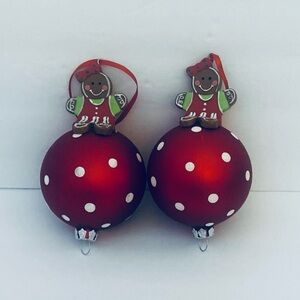 Cracker Barrel Christmas Gingerbread Girl On Red White Polka Dot Glass Ornaments